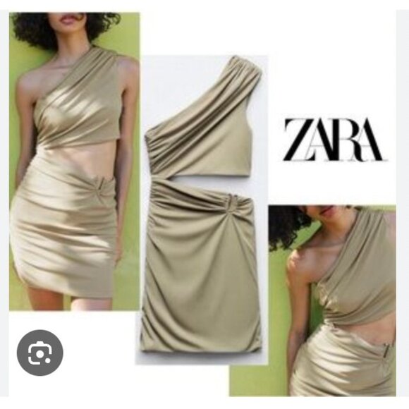 ZARA Dress Womens Medium Taupe One Shoulder Cutout Ruched Draped Mini Cocktail - Picture 1 of 6